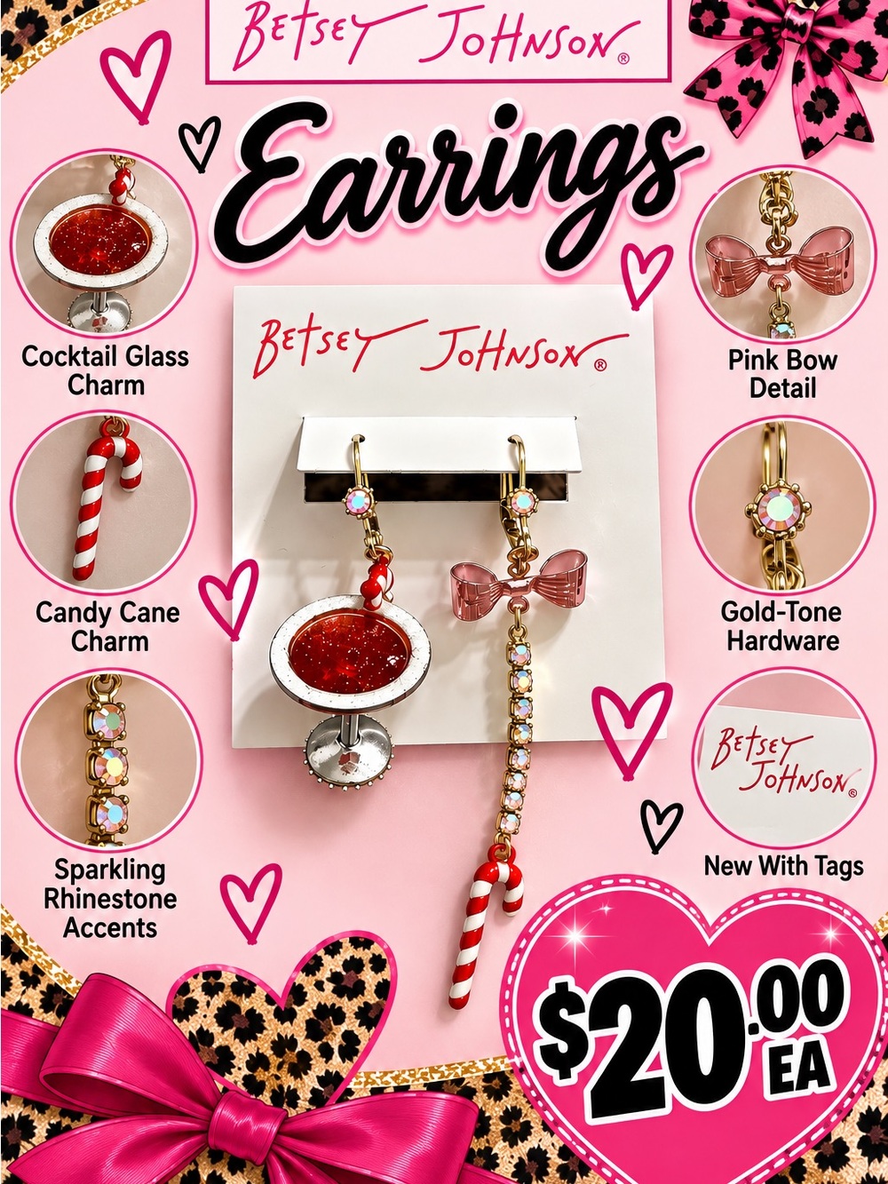 Betsey Johnson Gold-Tone Earrings with Pink Bow, Red Glitter & Candy Cane Charms